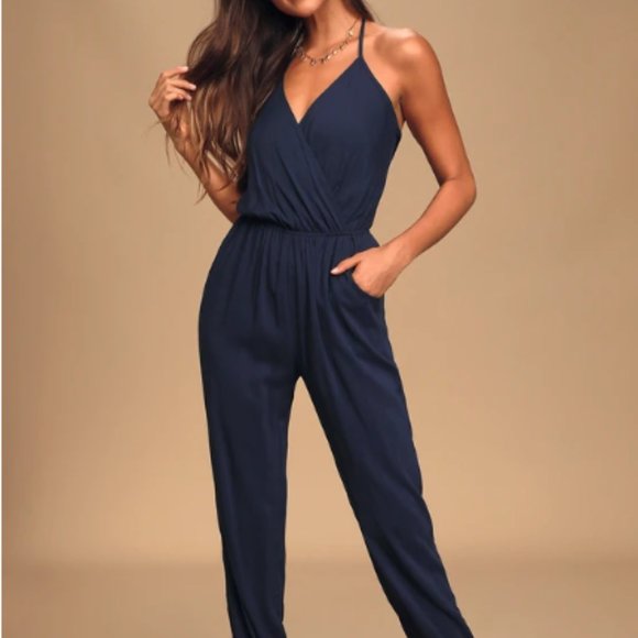 Navy Lulus Cinched Waist Jumpsuit - Picture 1 of 5